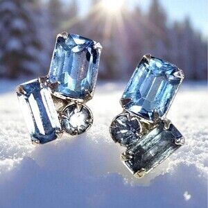 Vintage 1950s Ice Blue Rhinestone Earrings Silver Tone Mid-Century Screw Back
